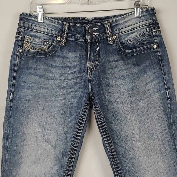 Vigoss Womens Capri Jeans Blue Stretch Pockets Embroidered Medium Wash Denim 7 - Picture 8 of 12